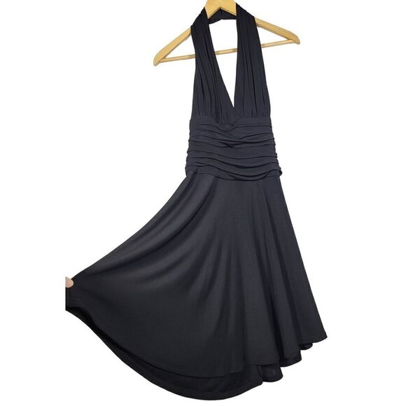 Vintage 90s Tadashi Black Halter Jersey Knit Pleated Cocktail Dress Size M - Picture 1 of 10